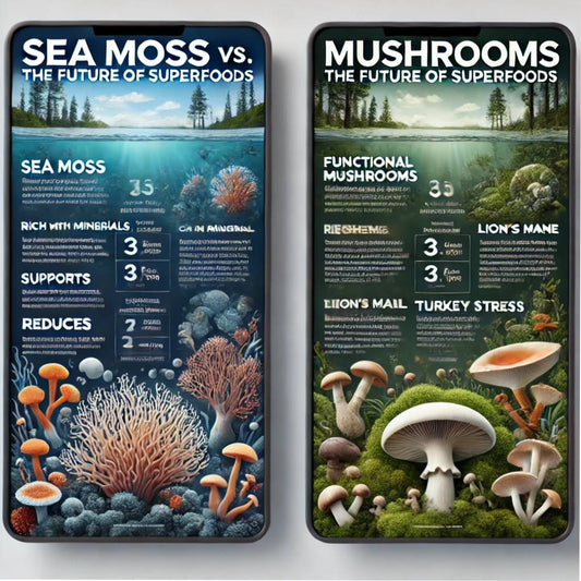 Comparison chart of sea moss vs. mushrooms showing nutritional benefits