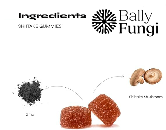 Shiitake Mushroom Gummies by Bally Fungi with key ingredients: shiitake mushroom and zinc. Vegan, 1000mg formula for immune and vitality support.