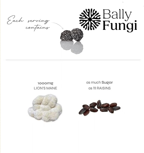Bally Fungi Lion’s Mane Mushroom Gummies nutritional comparison. Each serving contains 1000mg Lion’s Mane and sugar equivalent to 11 raisins.