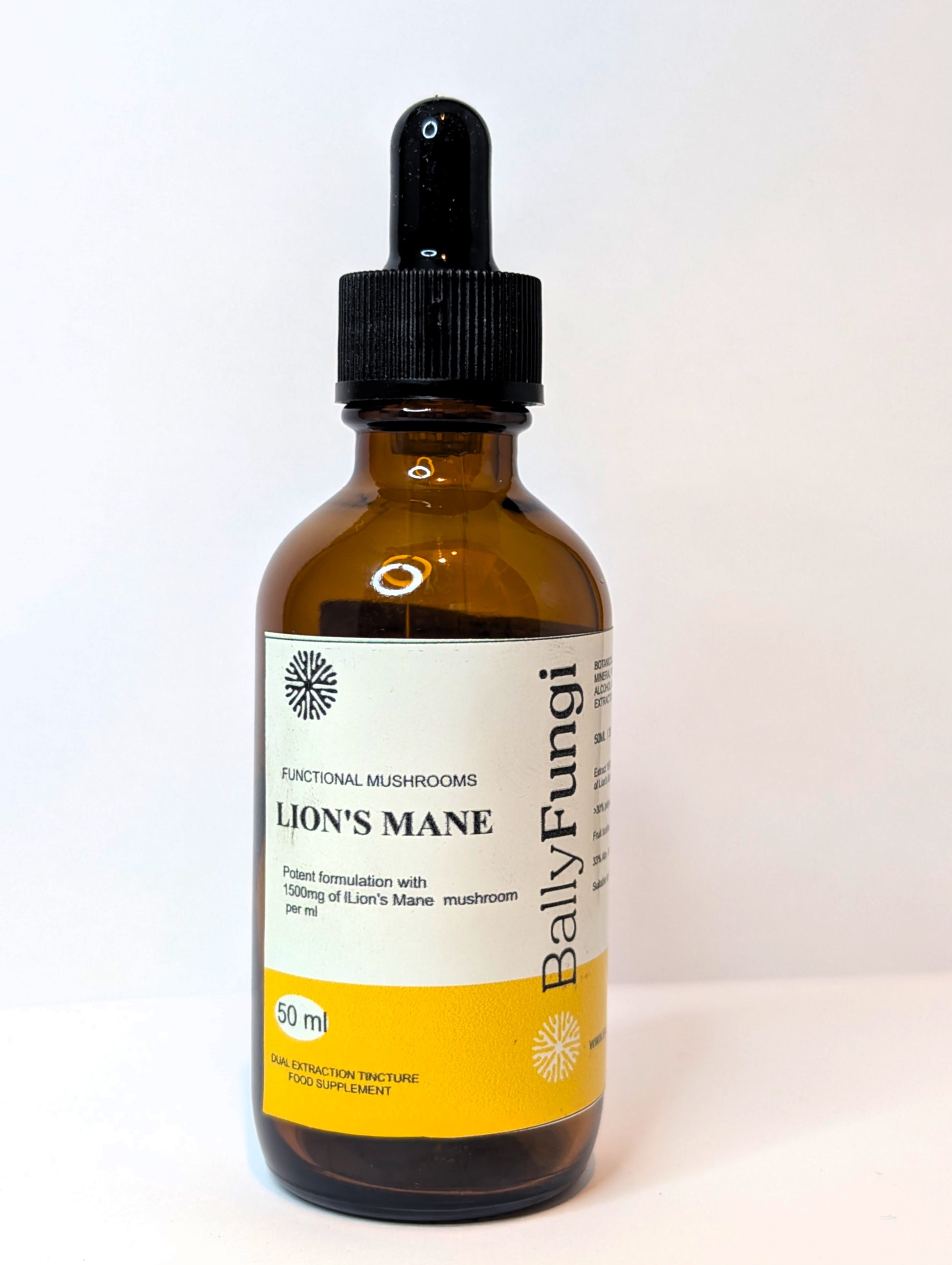 Lion’s Mane Mushroom Tincture – A premium 50ml bottle of dual-extracted liquid Lion’s Mane for cognitive support. Placed on a clean, vibrant background with fresh Lion’s Mane mushrooms, symbolizing brain health, focus, and neuroprotection.