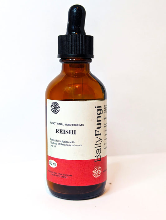 Reishi Mushroom Tincture in a 50ml amber glass dropper bottle by BallyFungi. Dual-extracted for immune support and stress relief, ideal for holistic wellness.