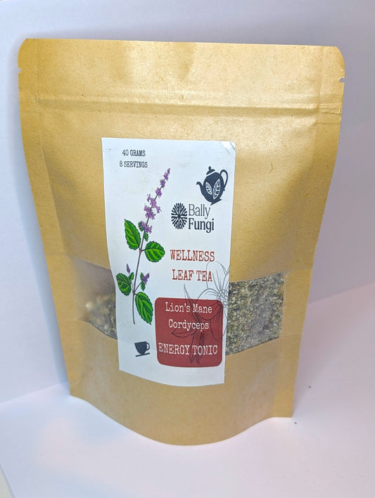 Energy Mushroom Tea – A premium blend of Lion’s Mane, Cordyceps, Matcha & Yerba Mate in a beautifully designed package. Placed on a vibrant background, symbolizing energy, focus, and endurance