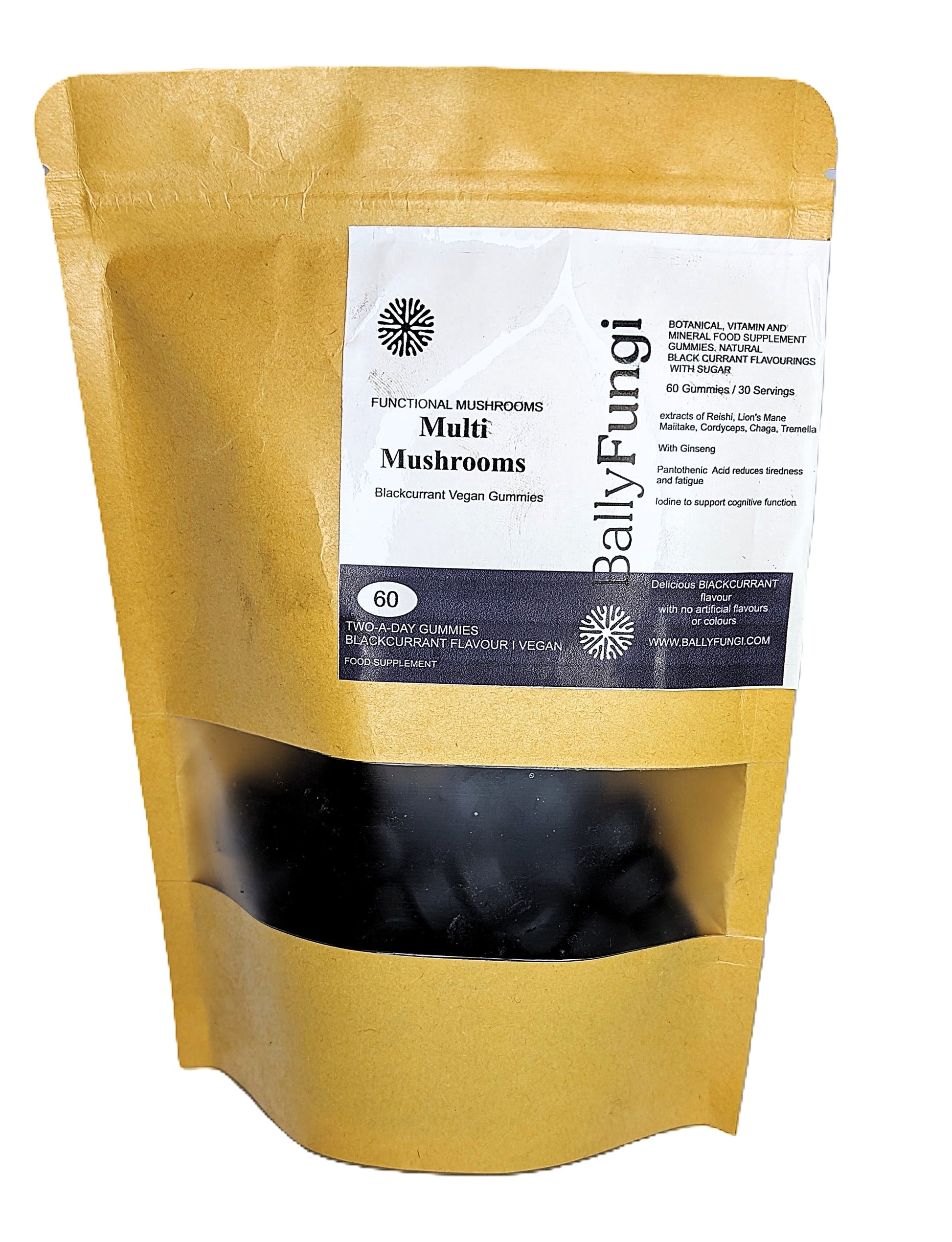 Blackcurrant Multi Mushroom Gummies in eco-friendly packaging, featuring Lion’s Mane, Reishi, and Cordyceps for brain health and energy.
