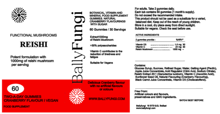 Bally Fungi Reishi Mushroom Gummies product label detailing ingredients, nutritional information, and benefits. Vegan, 1000mg Reishi extract, cranberry flavor.
