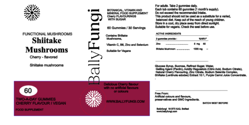 BallyFungi Shiitake Mushroom Gummies packaging featuring cherry-flavored functional mushrooms. Vegan-friendly supplement with 60 gummies per bottle.