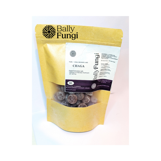 Chaga Mushroom Gummies – A premium jar of vegan immune-boosting gummies infused with 1000mg Chaga extract. Placed on a clean, earthy background with fresh Chaga mushrooms, symbolizing cellular protection, immunity, and antioxidant support.