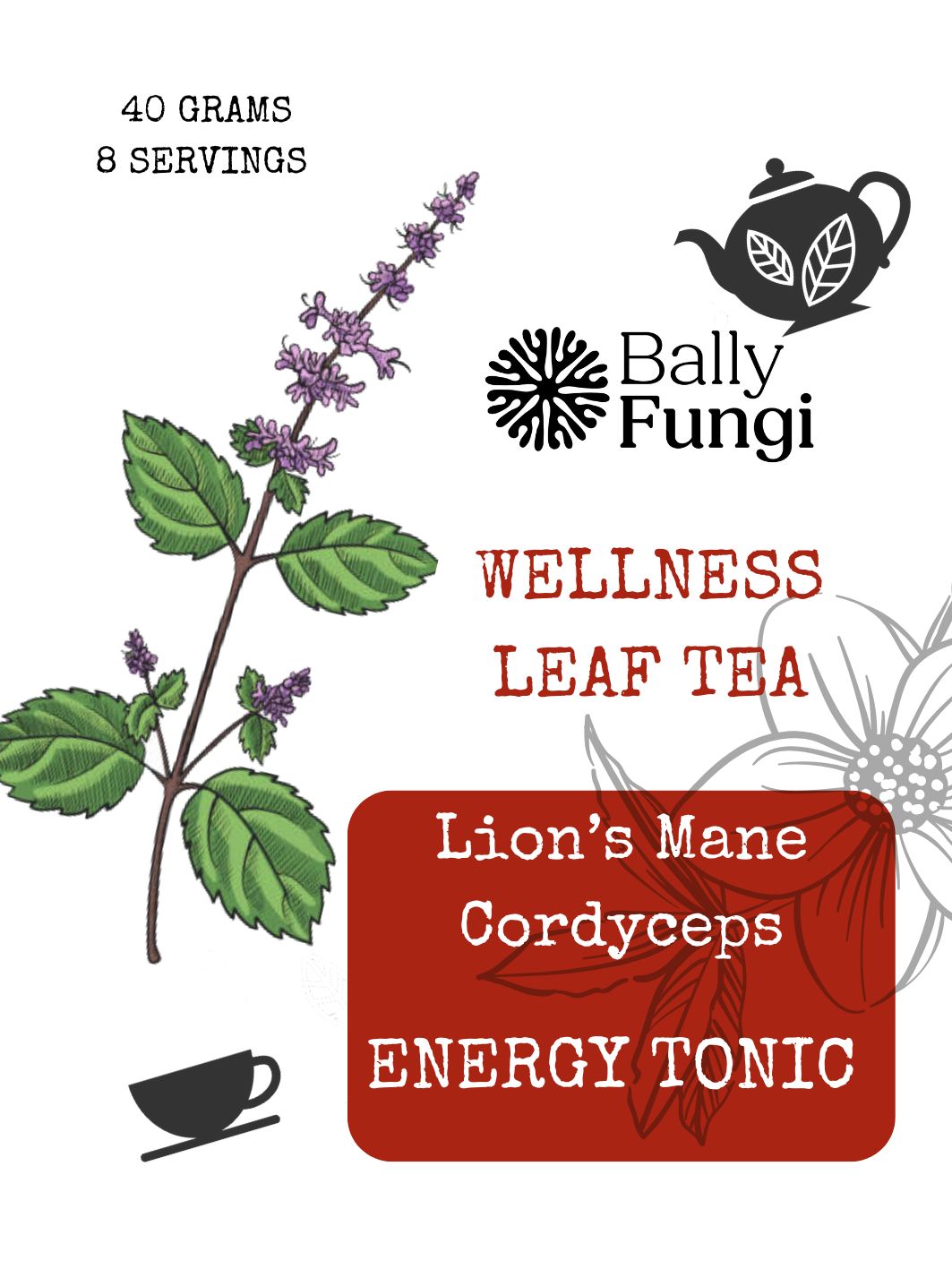 Energy Mushroom Tea – A premium blend of Lion’s Mane, Cordyceps, Matcha & Yerba Mate in a beautifully designed package. Placed on a vibrant background, symbolizing energy, focus, and endurance