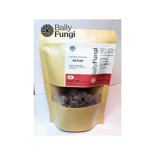 Bally Fungi Reishi Mushroom Gummies in a resealable kraft pouch with a transparent window. Vegan, 1000mg Reishi extract for immune and stress support.