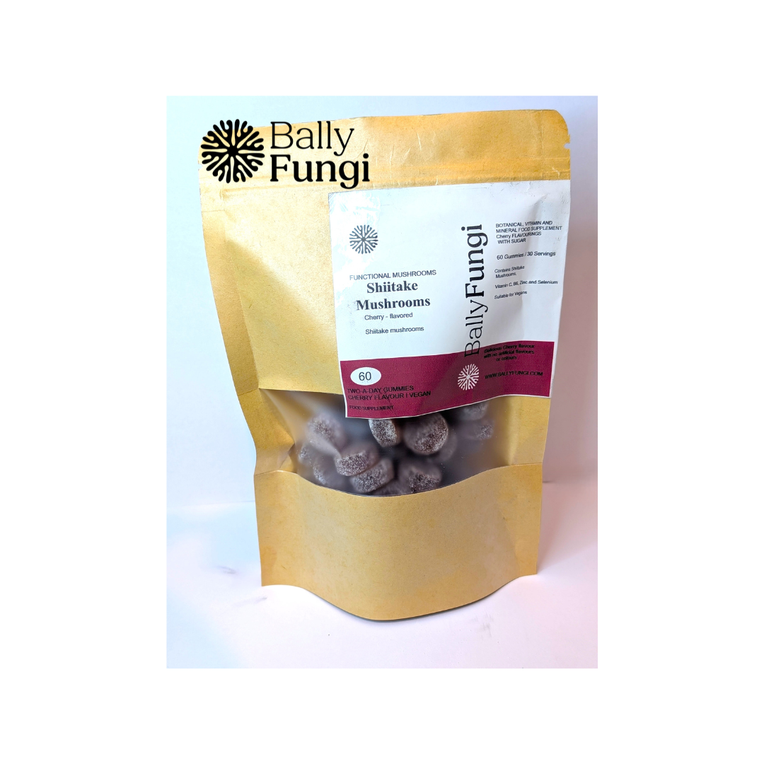 Bally Fungi Shiitake Mushroom Gummies in a resealable pouch. Vegan, 1000mg shiitake extract for immune and vitality support. Herbal supplement.