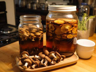 a-glass-jar-filled-with-dried-mushrooms-submerged-in-alcohol-surrounded-by-a-steaming-water-b