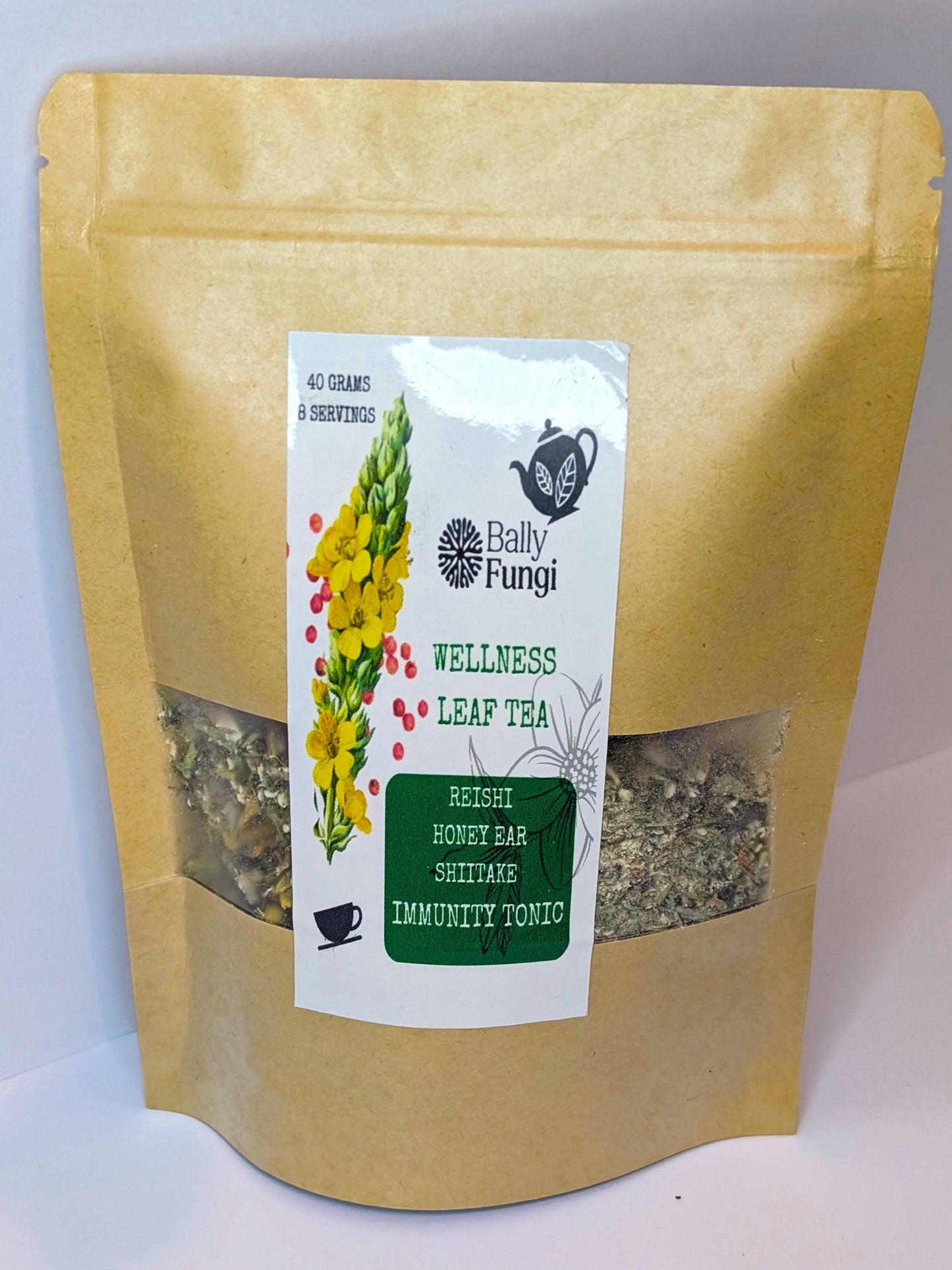 Ballyfungi Wellness Leaf Tea in a 40g resealable pouch, featuring Reishi, Shiitake, and Honey Ear mushrooms for immunity support.