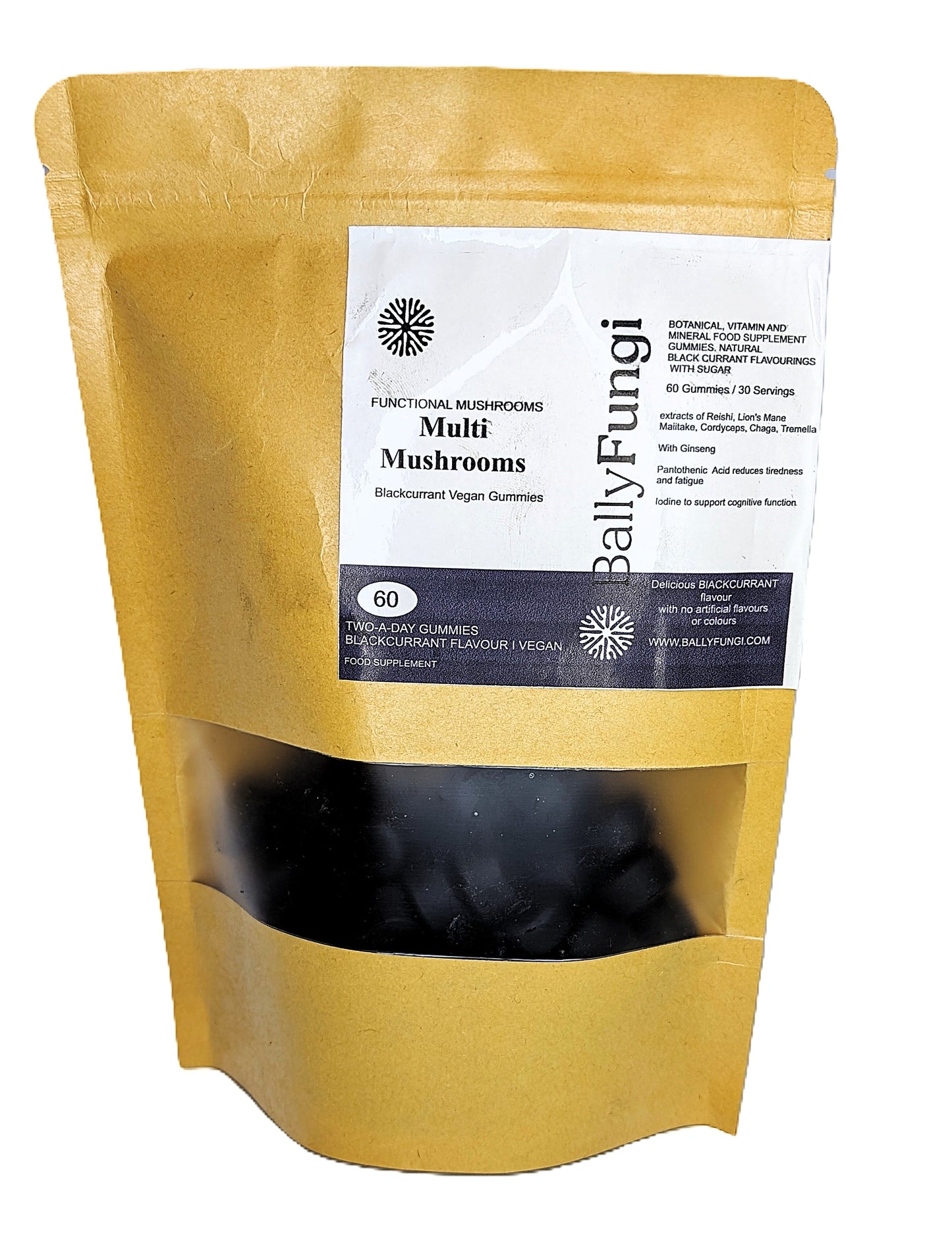 Blackcurrant Multi Mushroom Complex Gummies in eco-friendly brown packaging with a clear window, featuring Lion's Mane, Reishi, and Cordyceps for brain health and vitality.