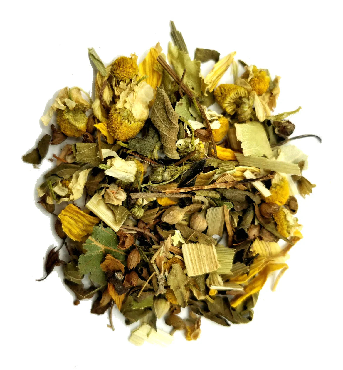 Loose herbal tea blend featuring chamomile, linden, fennel, oat straw, and sunflower petals. A calming mix for relaxation and stress relief.